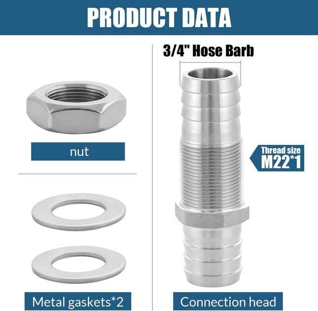 Enoch'S Land 3/4" Hose Barb Thru-Bulk Bulkhead Fitting,304 Stainless Steel Strai
