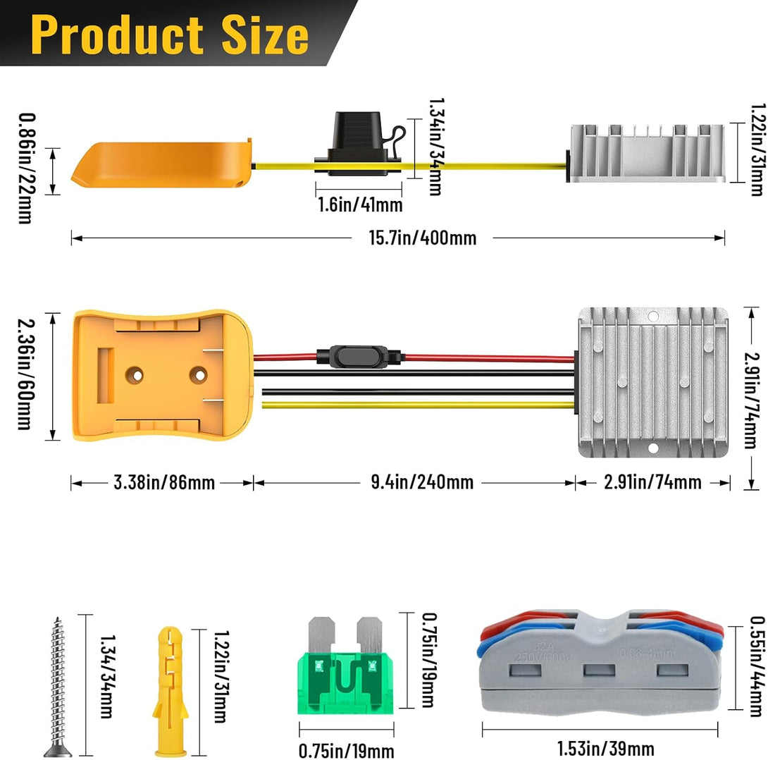 20V to 12V Step down Converter for Dewalt 20V Power Wheels Battery Adapter, DC 12V 20A 240W Buck Converter Regulator with 30A Fuse & Wire Terminal