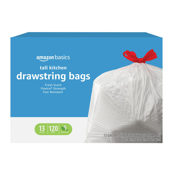 Amazon Basics Flextra Strength Tall Kitchen Drawstring Trash Bags, Fresh Scent, Tear Resistant, 13 Gallon, 120 Count 120 Count (Pack of 1)