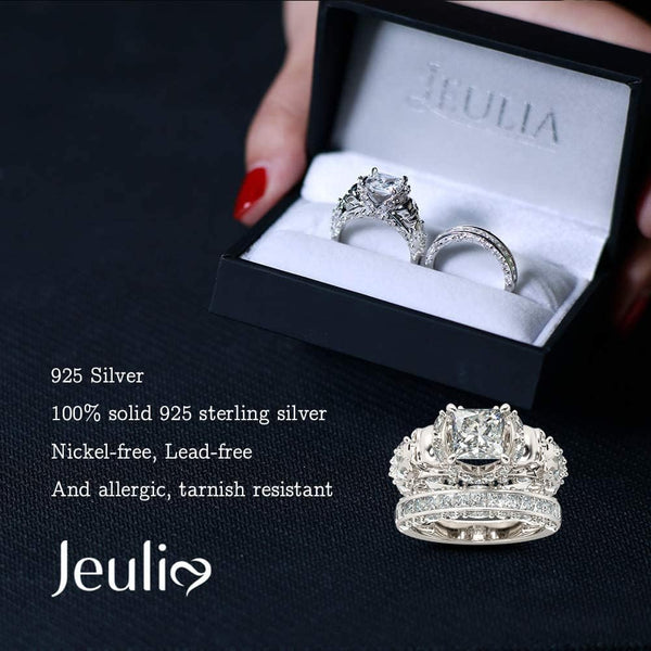 Jeulia Skull Engagement Ring Sets Sterling Silver Promise Eternity Band Rings Diamond Princess Cut with Cubic Zirconia Wedding Engagement