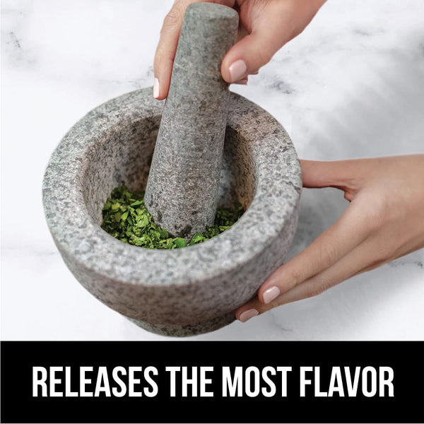 GORILLA GRIP 100% Natural Granite Stone Mortar and Pestle Set, 2 Cup, Non-Scratch Base, Heavy Duty Unpolished Molcajete Guacamole Salsa Bowl,