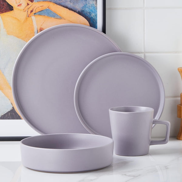 Stone Lain Cleo Stoneware 16-Piece Modern Dinnerware Set, Plates and Bowls, Light Gray, Service for 4, Microwave & Dishwasher Safe Dinnerware Set