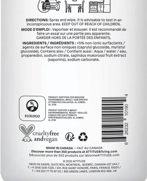 ATTITUDE All Purpose Cleaner Spray, EWG Verified, Vegan, Made with 94% Plant-Based Ingredients, Streak-Free for Kitchen, Bathroom, Glass & More,