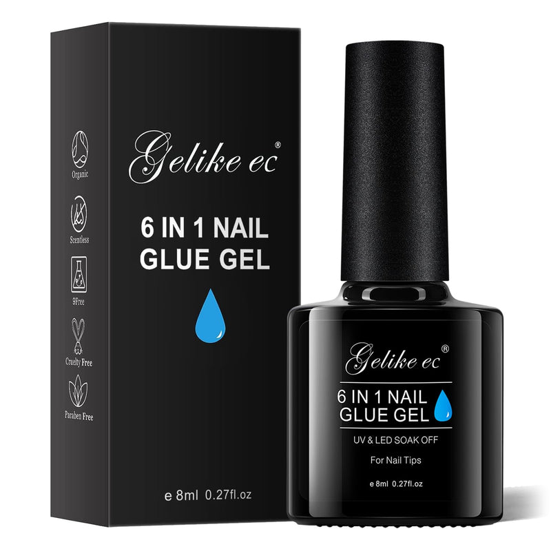 Gelike EC Gel Nail Glue for Press Ons: 6 in 1 Strong UV Nail Glue for Nail Tips and Acrylic Nail - Long Lasting 28 Days Hold Quick UV Cure - Hema