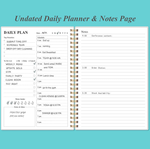 Daily Planner Undated - A5 To Do List Notebook Hourly Schedules, Spiral Appointment Planner for Women and Men, PVC Hardcover, Inner Pocket,