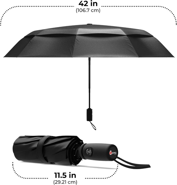 Windproof Travel Umbrella - Compact & Withstands Winds up to 100MPH, Strongest Premium Auto Folding Umbrella for Rain and Sun - Durable, Light &