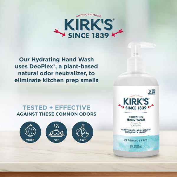 Kirk's Hydrating Hand Wash - Made with Coconut Oil and Aloe Vera, With Odor Neutralizing Technology To Help Eliminate Odors, Non-GMO, Vegan,