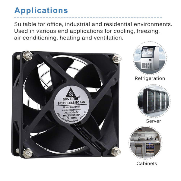 GDSTIME EC AXIAL 8025, Muffin Fan 110V 115V 120V 220V 240V AC 80Mm X 25Mm Small Brushless Cooling Fan with Switch Power Cord for DIY Ventilation