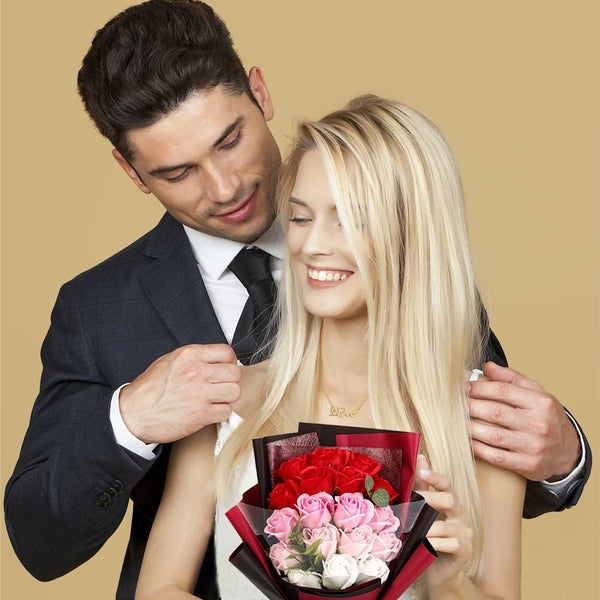 EIGHTOWN Roses Bouquet Artificial Flower - Preserved Red Rose Flowers with Love Necklace for Her - Unique Gifts Valentine's Day, Mother's Day,