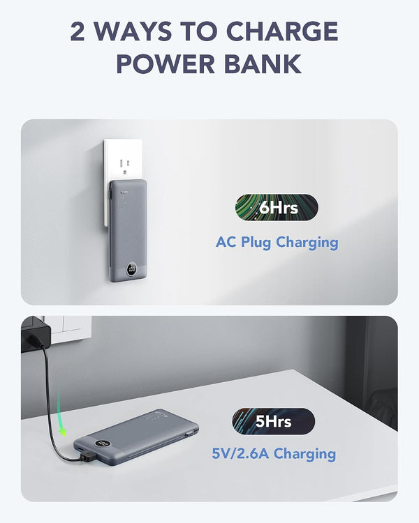 VRURC Portable Charger Built-In Cables and AC Wall Plug, USB C Power Bank 10000Mah, Travel Battery Portable Phone Charger Compact Lightweight