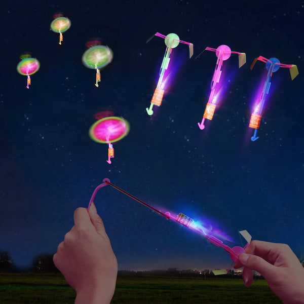lpvoqpth 25 Sets LED Flying Set, 25 Slingshot+25 Glow Helicopter-50 Pcs, Flying Toy Outdoor Toys Glow in the Dark Party Supplies Party Favors for