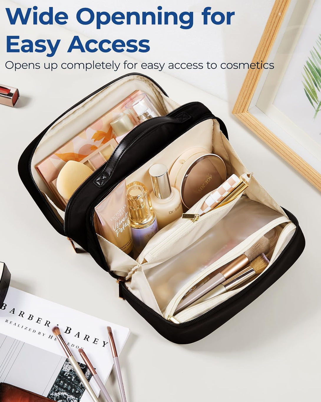 BAGSMART Travel Makeup Bag, Make up Bag with Multiple Compartments for Organizer, Durable & Compact Cosmetic Organizer for Women for Travel Accessories (Black