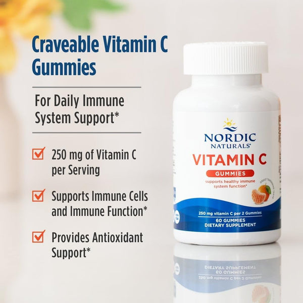 Nordic Naturals Vitamin C Gummies, Tart Tangerine - 120 Gummies - 250 Mg Vitamin C - Immune Support, Antioxidant Protection, Child Growth &