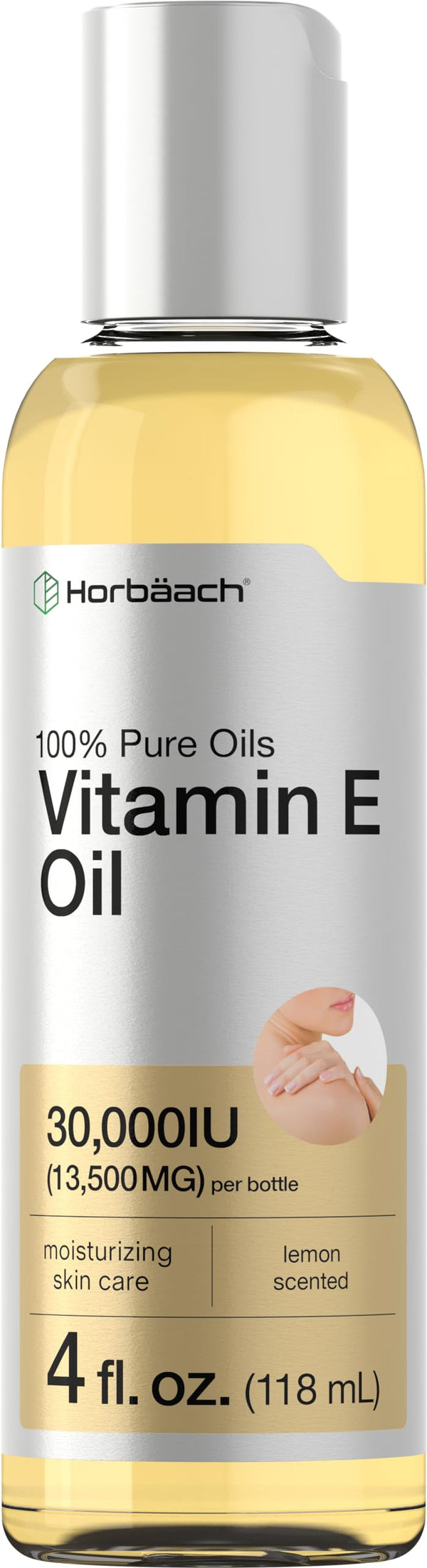 Horbäach Vitamin E Oil For Skin and Face | 4 fl oz | 100% Pure Oils | Moisturizing Skin Care | Non-GMO, Vegetarian | Lemon Scented