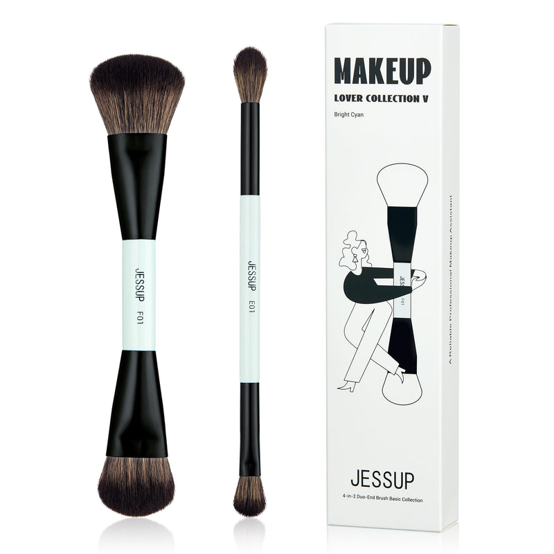 Jessup Makeup Brushes 2Pcs Double Sided Foundation Brush Contour Brush Dual Ended Eye Blending Brush, Multi-Functional Cosmetic Brush Bright Cyan T502