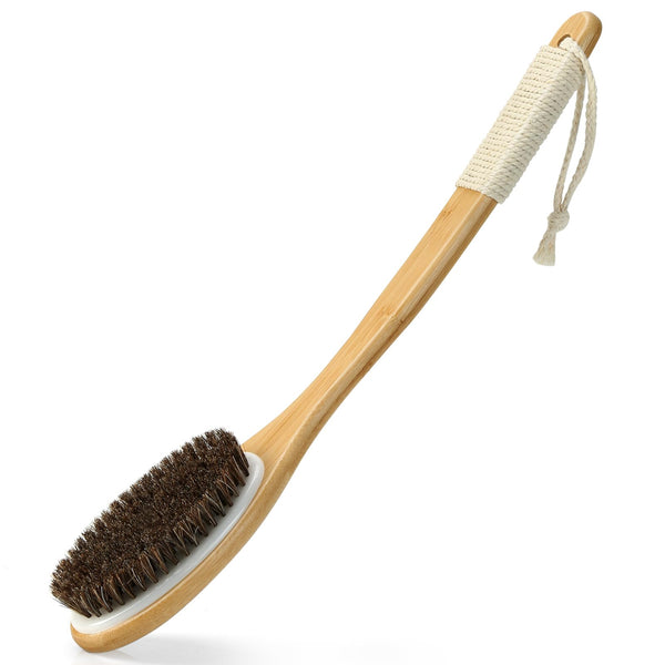 Exfoliating Back Scrubber for Shower with Curved Long Handle, 16.7 Inches Bamboo Body Brush with Natural Bristles for Wet or Dry Brushing, Body