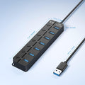USB Hub 7 Port, USB Splitter with Individual On/Off Switches and Lights. Black