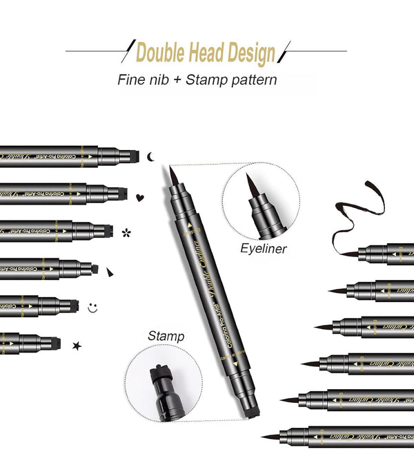 6 Pcs Double-Headed Eyeliner Stamps Set Black Liquid Eye Liner Pen with Star,Moon,Heart,Flower,Smiley,Triangle Stamp Stencils Shapes for Women