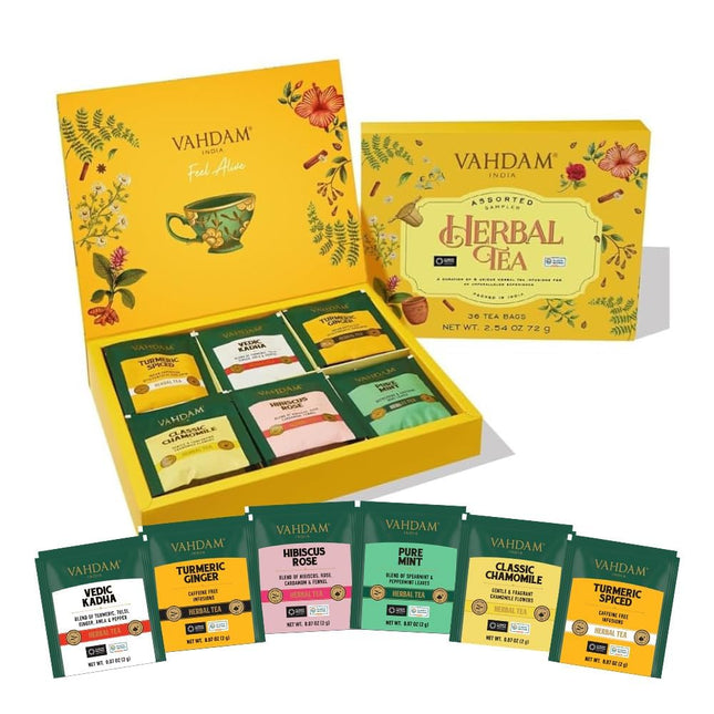 VAHDAM, Assorted Herbal Tea Variety Pack (6 Variants, 36 Tea Bags) Caffeine Free