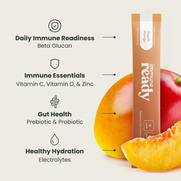 Immune Ready™ Immune Boost Drink Mix - All-In-One Immune Support, Gut Health, and Electrolyte Powder Packets with Vitamin C, Beta Glucan, Zinc,