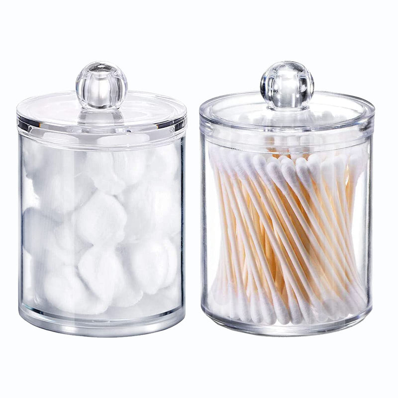 Qtip Holder Dispenser for Cotton Ball, Swab, round Pads - 10 Oz Clear Plastic Apothecary Jar Set for Bathroom Storage, Vanity Organizer