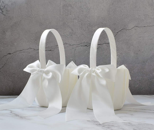 ATAILOVE 2 PCS Flower Girl Baskets Set- Cute Cherish Wedding Flower Baskets (Ivory) | Simple Bow Series,Flower Basket for Wedding Ceremony 2 Baskets