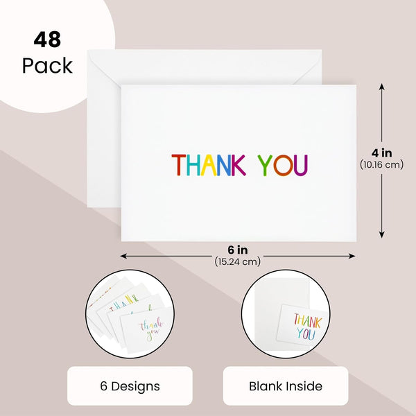 Juvale Thank You Cards with Envelopes - Bulk Blank Thank You Notes & Cards for Kids & Adults - 6 Assorted Rainbow Designs - White, 48 Pack, 4 x 6
