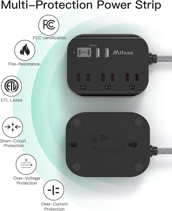 Cruise Ship Essentials - Mifaso Power Strip with USB, Mountable Flat Plug Power Strip with 3 Outlets 4 USB Ports(Smart 3.1A), 5Ft Braided