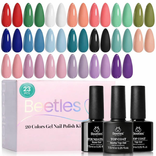 Beetles Fall Gel Polish Set, 20 Colors Vibrant Subtle Collection | Red Green White Black Nude Trendy Colors Gel with Base Top Coat UV LED Lamp