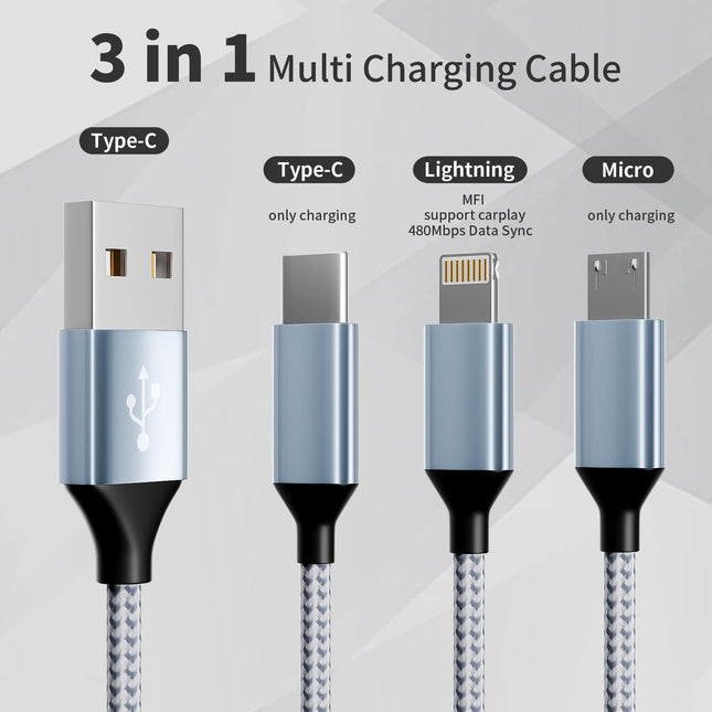 IDISON Multi Charging Cable(3Pack 4FT), 3 in 1 Charging Cable Nylon Braided Multiple USB Cable Universal Charging Cord w