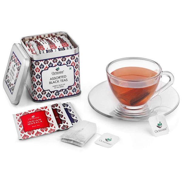 Octavius Assorted Black Tea Sampler Pack | Darjeeling/Classic Assam/Indian Masala | 3 Flavors in 25 Tea Bags | Pack of 1 | Mothers Day Tea Gift Box