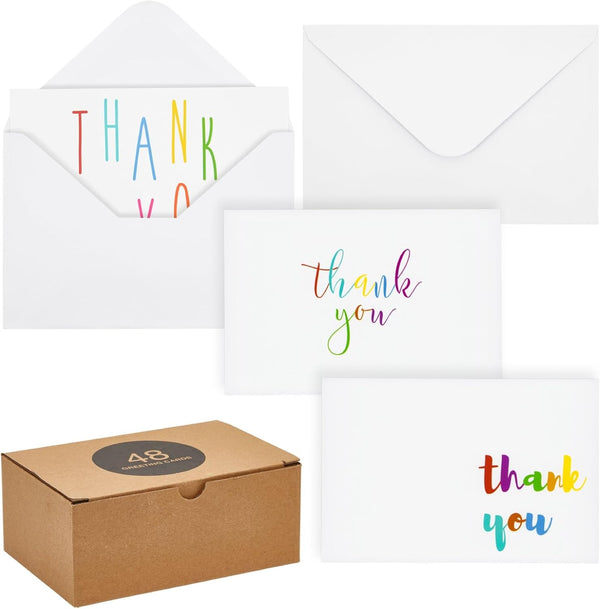 Juvale Thank You Cards with Envelopes - Bulk Blank Thank You Notes & Cards for Kids & Adults - 6 Assorted Rainbow Designs - White, 48 Pack, 4 x 6