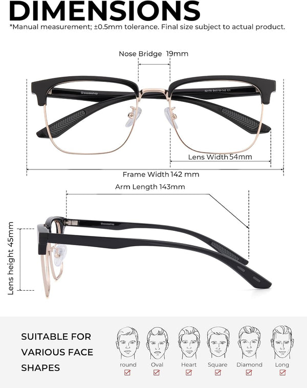 ZanyLen Blue Light Glasses Men Rectangle Large Browline Computer Gaming Glasses 01-52179-gold Clear