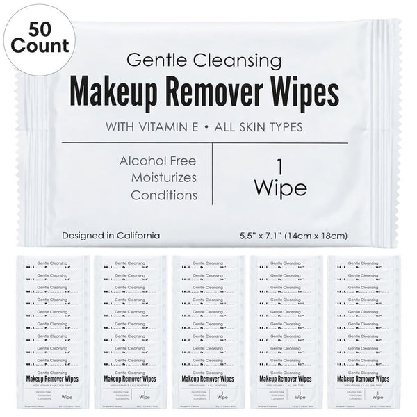 World Amenities - Makeup Remover Wipes - Alcohol Free - Vitamin E Face Wipes for Sensitive Skin Comfort - Individually Wrapped - Travel Friendly