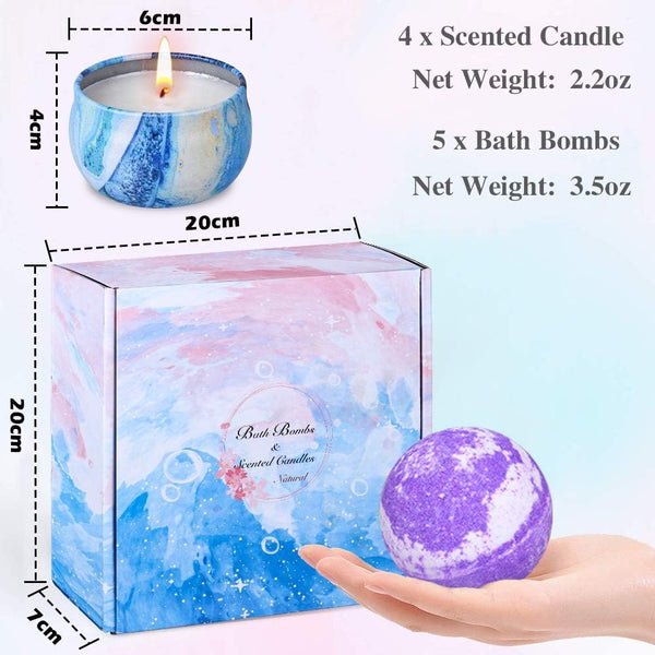 Bath Bombs Gift Set - 5 Large Fizzy Spa Bombs with 4 Scented Candles for Women - Moisturizing Bubble Bath with Essential Oils for Valentine's,