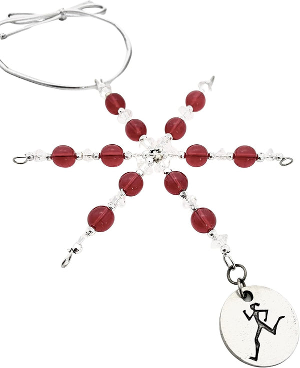 RUNNER GIRL Ornament - Beaded Snowflake Christmas Ornament/Gift Tag with round Pewter Runner Girl Charm with Jewelry Box - Handmade with Red