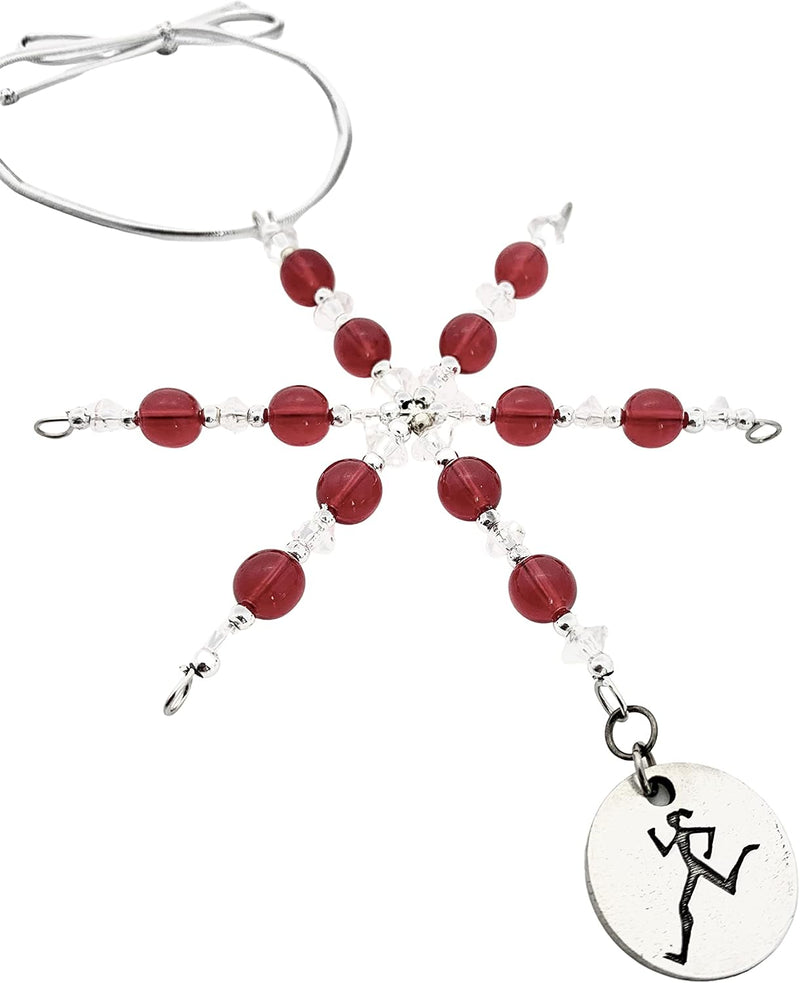 RUNNER GIRL Ornament - Beaded Snowflake Christmas Ornament/Gift Tag with round Pewter Runner Girl Charm with Jewelry Box - Handmade with Red