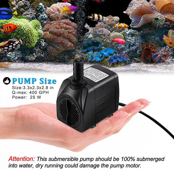 PULACO 400GPH Submersible Pump with 5 ft Tubing, (1500L/H 25W) durable fountain water pump for Pond Fountain, Aquariums Fish Tank, Statuary,