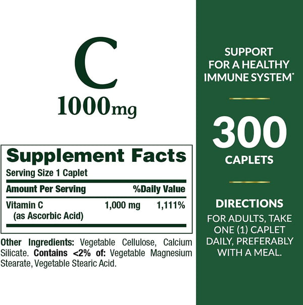 Nature's Bounty Vitamin C 1000mg, Supports Immune and Antioxidant Health, Vitamin C Supplement, 1 Per Day, 300 Vegetarian Caplets 300 Count (Pack