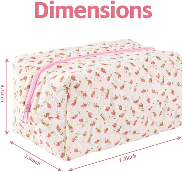 Floral Makeup Bag,Floral Quilted Makeup Bag,Large Cosmetic Bag,Fashionable Travel Makeup Pouch, Cute Pink Makeup Bag,Puffy Coquette Makeup Bag,