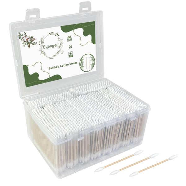 Egeageoi 1000 Count Pointed Cotton Swabs with Bamboo Sticks in Storage Box | Double Pointed Precision Tip for Beauty Care, Makeup Touch-Ups, Nail