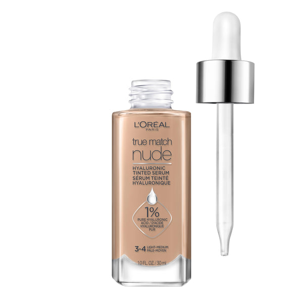 L'Oreal Paris True Match Nude Hyaluronic Tinted Serum Foundation with 1% Hyaluronic Acid, Light-Medium 3-4, 1 Fl. Oz.