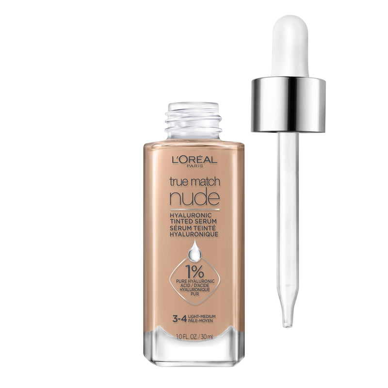 L'Oreal Paris True Match Nude Hyaluronic Tinted Serum Foundation with 1% Hyaluronic Acid, Light-Medium 3-4, 1 Fl. Oz.