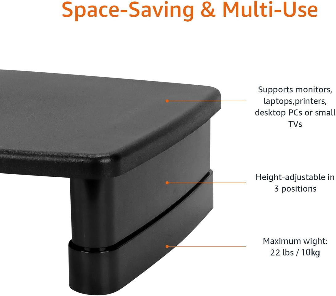 Amazon Basics Height Adjustable Rectangular Computer Monitor Riser Desk Stand with Storage for Reduced Neck Strain - Fits Monitors, Laptops up to 22Lbs, Black