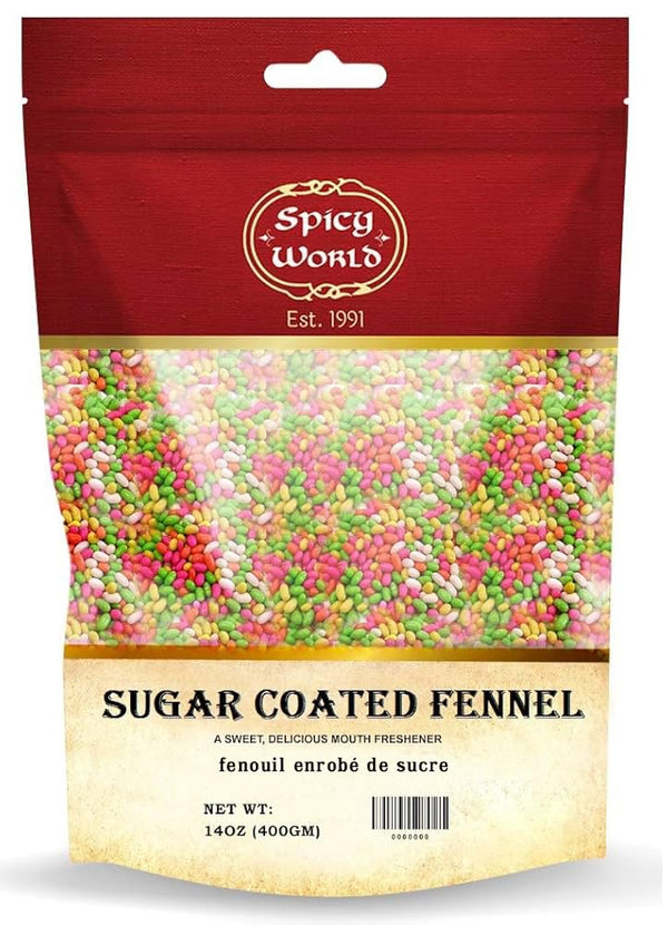 Spicy World Sugar Coated Fennel Seeds | Sweet Saunf Candy for Mouth Freshening - 14 Oz (400g) Pack | Premium Quality Fennel Mouth Freshener |