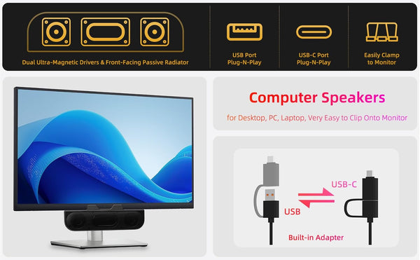 Computer Speakers for Desktop PC, Monitor Speakers, USB Plug-In, Wired, External Speaker for Laptop, Small Computer Soundbar for PC, with Loud