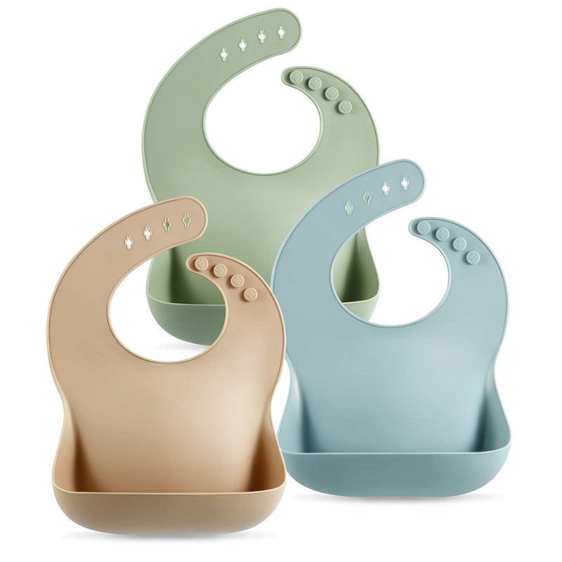 PandaEar Set of 3 Silicone Baby Bibs Waterproof, Soft, Unisex, 10-72 Months Brown/Blue/Green