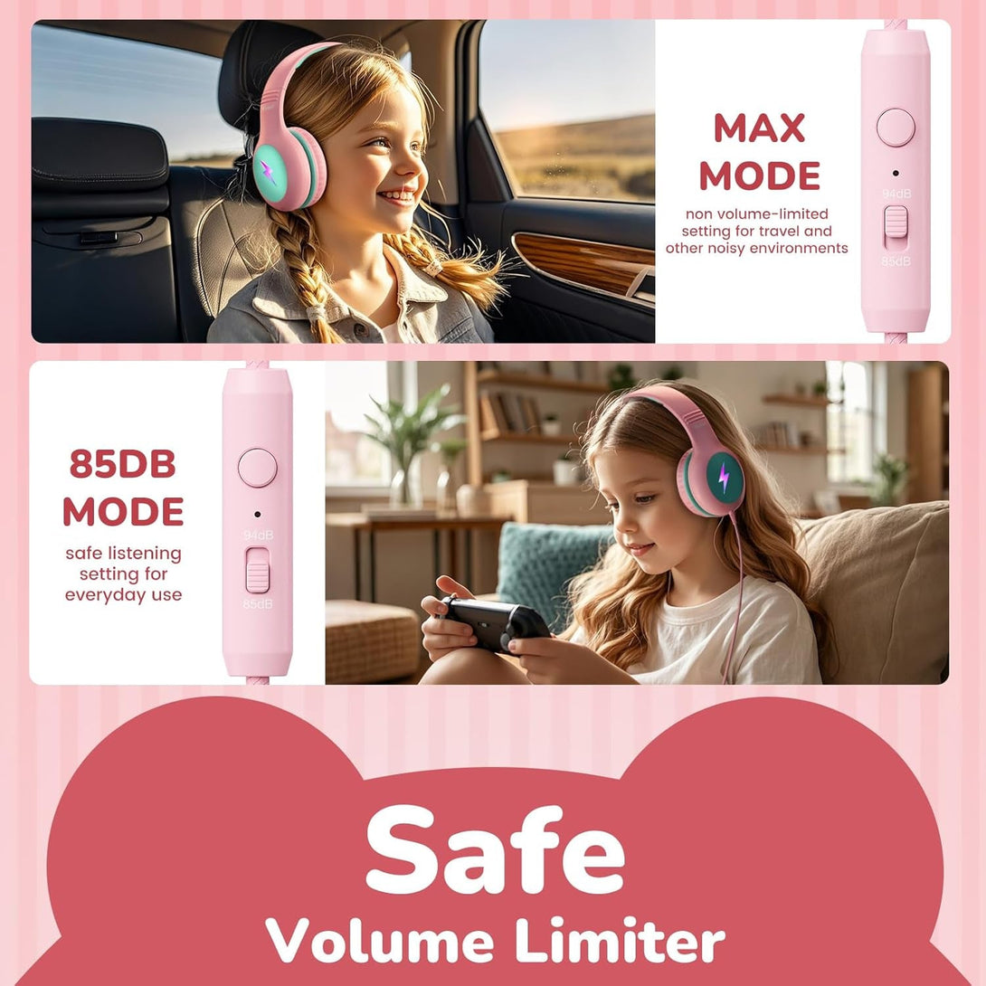 Kids USB C Headphones for School, 2025 Upgrade Safe Listening Wired Over-Ear Headphones with LED Lights, Volume Limiter & Microphone, Foldable Design for Iphone 16, Ipad, Tablet Learning