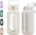 74 Oz Glass Water Bolttles with Straw Large Motivational Water Bottle with Time Marker Sports Water Bottles with Silicone Sleeve and Handle Lid