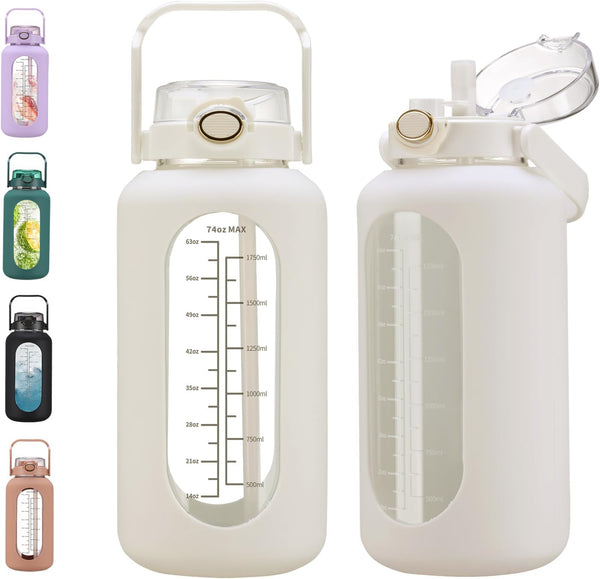 74 Oz Glass Water Bolttles with Straw Large Motivational Water Bottle with Time Marker Sports Water Bottles with Silicone Sleeve and Handle Lid